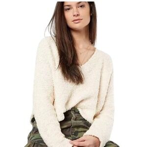 Free‎ People Cream Popcorn V Neck Cropped Sweater Long Sleeve Women's Size S